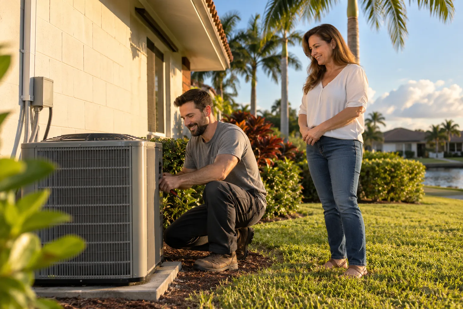 Friendly independent HVAC provider checking an outdoor AC unit beside a single-story home near Fort Lauderdale